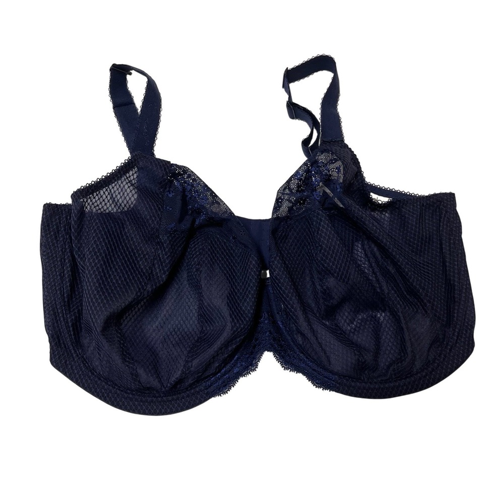 Elomi Charley Bra Blue Stretch Plunge US 42K Sheer Mesh Lace Trim W J Hook